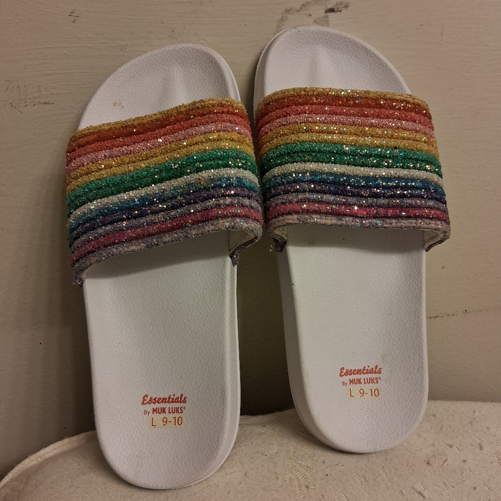 Womens White Slides with Rainbow Glitter Straps Size 9-10